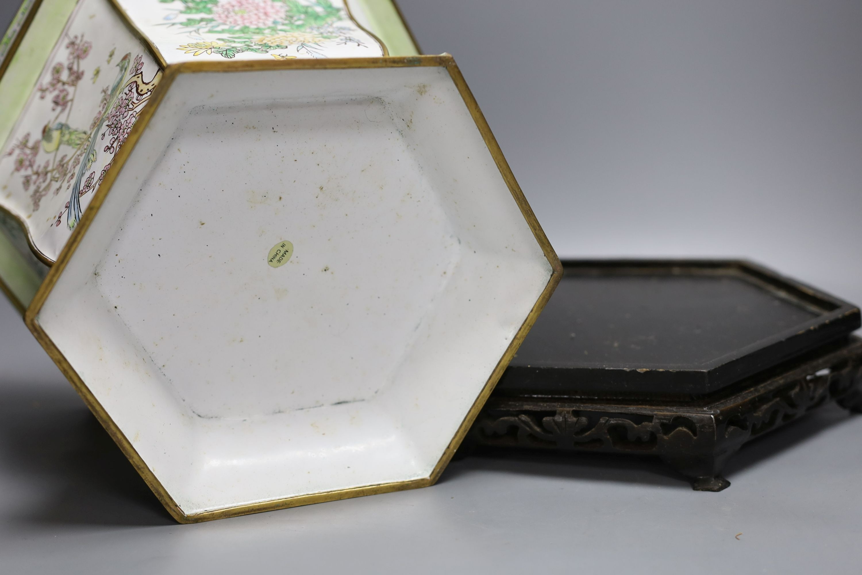 A Chinese Canton enamel jardiniere on hardwood stand, total height 23cm